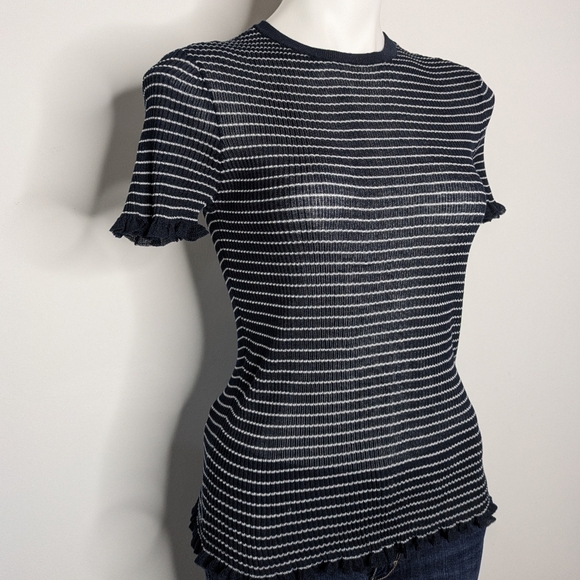 ✨3/$15 Zara Blue White Striped Sheer Stretch Short Sleeve Shirt M - Picture 5 of 8